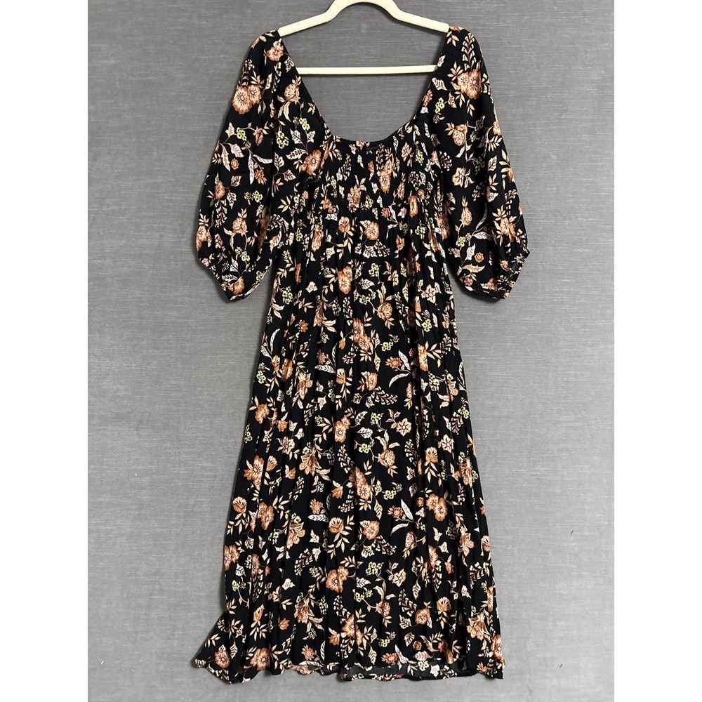 Billabong Dress M Black Floral Smocked Puff Sleeve Midi Gauzy Boho Babydoll - Picture 2 of 10
